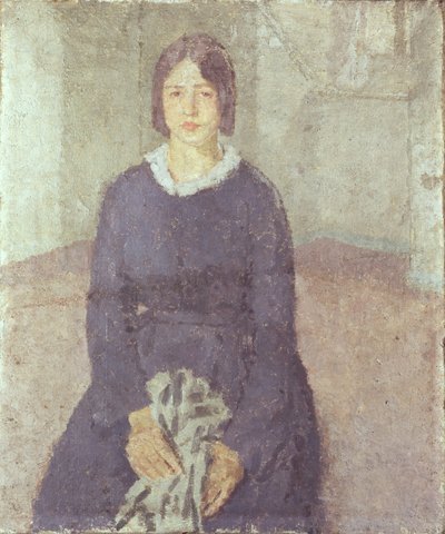 Girl in a blue dress holding a piece of sewing by Gwen John